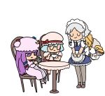  :3 afei_(sfma3248) bib black_neckwear blue_bow blue_hair blue_ribbon blue_skirt bow braid chair character_name chibi chinese_commentary closed_eyes commentary_request crescent crossover cup dress from_side hair_bow hair_ribbon hat highres holding holding_cup izayoi_sakuya jojo_no_kimyou_na_bouken long_hair looking_down maid maid_headdress mob_cap multiple_girls necktie patchouli_knowledge pink_dress pink_headwear puffy_short_sleeves puffy_sleeves purple_eyes purple_hair red_bow red_ribbon remilia_scarlet ribbon short_hair short_sleeves silver_hair simple_background sitting skirt smile table the_world touhou twin_braids white_background 