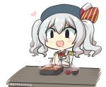  1girl absurdres blush_stickers chibi chopsticks commentary_request drooling epaulettes food goma_(gomasamune) hands_together hat hat_ribbon heart highres kantai_collection kashima_(kantai_collection) military military_uniform open_mouth ribbon rice silver_hair sitting smile solo soup steam stream table twintails twitter_username uniform upper_body white_background 