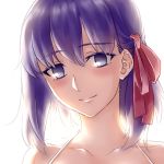  1girl backlighting bangs closed_mouth collarbone eyebrows_visible_through_hair fate/stay_night fate_(series) hair_between_eyes hair_ribbon halterneck looking_at_viewer matou_sakura no_pupils pink_ribbon portrait purple_eyes purple_hair ribbon rna_(angel-smelter) short_hair simple_background smile solo white_background 