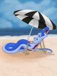  3:4 anthro beach blue_body blue_hair blue_skin breasts female hair hi_res jecca_qua looking_at_viewer naga nipple_piercing nipple_ring nipples non-mammal_breasts nude piercing ponytail red_eyes reptile scalie seaside serpentine sitting skellabones snake solo umbrella 