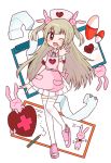  &gt;_&lt; 1girl ;d apron armband bandaged_arm bandaged_wrist bandages bangs blush bunny bunny_hair_ornament cardiogram clipboard commentary_request dress eyebrows_visible_through_hair fang full_body hair_ornament hat heart light_brown_hair long_hair looking_at_viewer mikan_(mikabe) natori_sana nurse_cap one_eye_closed open_mouth open_toe_shoes pencil pill pink_apron pink_headwear puffy_short_sleeves puffy_sleeves sana_channel short_sleeves simple_background skin_fang smile spread_fingers standing standing_on_one_leg thighhighs two_side_up virtual_youtuber waving white_dress white_legwear whiteboard zettai_ryouiki 