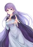  1girl absurdly_long_hair absurdres belly_chain blue_dress breasts cloak dress eeryuu_(2004107) fire_emblem fire_emblem:_the_binding_blade hand_on_own_chest highres jewelry large_breasts lavender_dress long_hair long_sleeves outstretched_arm purple_eyes purple_hair simple_background solo sophia_(fire_emblem) very_long_hair white_background wide_hips 