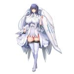  1girl bangs blue_hair blush breasts dress eyebrows_visible_through_hair full_body highres huge_breasts impossible_clothes impossible_dress last_origin long_hair looking_at_viewer maid_headdress nipples short_dress smile snow_feather solo tachi-e thighs white_dress white_legwear wings yellow_eyes 