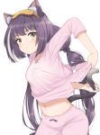  1girl animal_ear_fluff animal_ears black_hair blush cat_ears cat_tail eye_mask green_eyes highres inconvenient_tail karyl_(princess_connect!) leaning_forward lifted_by_self long_hair low_twintails navel niizuka_(c-drop) pajamas pants pink_pajamas pink_pants pink_shirt princess_connect! princess_connect!_re:dive shirt shirt_lift simple_background solo tail tail_cutout tail_hold twintails white_background 