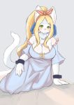  2018 absurd_res anthro big_breasts blonde_hair blush breasts chest_tuft cleavage clothed clothing domestic_cat dress felid feline felis female hair hi_res looking_at_viewer mammal ponytail simple_background smile solo tuft wanko0487 yellow_eyes 
