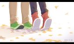  2boys black_pants brown_pants commentary_request dated green_footwear hilbert_(pokemon) implied_kiss kiss leaf leaves_in_wind letterboxed male_focus multiple_boys n_(pokemon) p_(flavorppp) pants pants_tucked_in pokemon pokemon_(game) pokemon_bw red_footwear shoes standing tiptoe_kiss tiptoes yaoi 