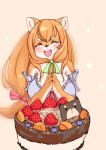  2018 absurd_res anthro big_breasts black_nose blush breasts cake canid canine eyes_closed female food fox fruit hair happy hi_res mammal open_mouth plant simple_background smile solo strawberry wanko0487 