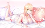  1girl absurdres bangs bell bell_choker bindong blonde_hair breasts character_request choker cleavage closers eyebrows_visible_through_hair green_eyes hair_between_eyes hand_on_own_cheek heart heart_pillow highres large_breasts lying on_stomach pillow smile tagme 
