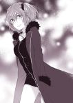  1girl bangs black_dress black_scrunchie blush closed_mouth coat cosplay cowboy_shot dress eyebrows_visible_through_hair fate/grand_order fate_(series) fujimaru_ritsuka_(female) fur_coat greyscale hair_between_eyes hair_ornament hair_scrunchie hand_in_pocket jeanne_d&#039;arc_(alter)_(fate) jeanne_d&#039;arc_(alter)_(fate)_(cosplay) jeanne_d&#039;arc_(fate)_(all) jewelry long_sleeves looking_at_viewer medium_hair monochrome necklace nishinishihigas open_clothes open_coat scrunchie shiny shiny_hair short_dress smile solo standing 
