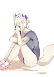  2019 absurd_res anthro big_breasts blonde_hair blue_eyes blush breasts canid clothing female footwear fur hair hi_res looking_at_viewer mammal shirt shoes simple_background sitting smile solo topwear wanko0487 white_background white_body white_fur 