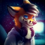  1:1 2017 blue_eyes blurred_background bust_portrait canid canine clothing cress digital_media_(artwork) fox fur hair headphones hoodie icon looking_at_viewer male mammal mylafox neck_tuft orange_body orange_fur portrait simple_background smile solo topwear tuft 