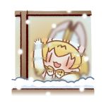  1girl :3 against_glass against_window animal_ear_fluff animal_ears animal_print arm_rest arm_up border bow bowtie chibi condensation extra_ears hand_on_glass head_tilt indoors inukoro_(spa) kemono_friends looking_at_viewer looking_out_window lowres no_nose open_hand open_mouth orange_hair print_bow print_neckwear serval_(kemono_friends) serval_ears serval_print smile snow snowing solo waving white_border window window_fog |_| 