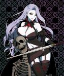  1girl belinda_(unlight) between_breasts black_gloves black_legwear black_sclera breasts cowboy_shot detached_sleeves earrings elbow_gloves garter_straps gem gloves grey_hair grey_skin holding holding_sword holding_weapon jewelry large_breasts lipstick long_hair looking_at_viewer makeup navel parted_lips purple_lipstick skeleton solo sword tb_(spr1110) thighhighs twitter_username unlight weapon yellow_eyes 