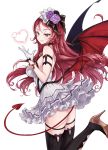  1girl bare_shoulders bat_wings black_bow black_legwear bow breasts epis flower gloves heart heart_tail high_heels king&#039;s_raid large_breasts long_hair mieux0_0 red_eyes red_hair simple_background smile solo tail thighhighs white_background wings 