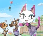  2020 animal_crossing anthro balloon cervid cliff clothed clothing cloud cute_fangs dessert domestic_cat dress equid equine eyes_closed fauna_(animal_crossing) felid feline felis food group hair hi_res horse ice_cream kemono looking_at_viewer mammal nendo nintendo olivia_(animal_crossing) open_mouth open_smile purple_eyes reneigh_(animal_crossing) sky smile video_games 