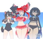  +++ 3girls =3 alternate_breast_size animal_ears bangs bikini bird_tail bird_wings black_eyes black_hair blue_hair blunt_bangs bow breasts brown_eyes brown_hair cape closed_eyes closed_mouth dated extra_ears eyebrows_visible_through_hair fangs flower greater_lophorina_(kemono_friends) hair_between_eyes hair_bobbles hair_flower hair_ornament hands_up head_wings highres holding_megaphone kemono_friends large_breasts long_hair looking_at_another medium_hair megaphone multicolored_hair multiple_girls navel open_mouth pinky_out red_hair scarlet_ibis_(kemono_friends) school_swimsuit signature smug standing stomach swimsuit tail tasmanian_devil_(kemono_friends) tasmanian_devil_ears tasmanian_devil_tail thigh_gap twintails two-tone_hair v-shaped_eyebrows wings yoshida_hideyuki 