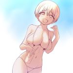  1girl bikini breasts cup drinking_straw e_keroron eyebrows_visible_through_hair fang hair_between_eyes large_breasts navel open_mouth short_hair skin_fang sky smile solo sweat swimsuit uzaki-chan_wa_asobitai! uzaki_hana 