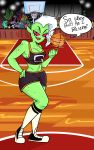  absurd_res alien alien_humanoid ball basketball basketball_(ball) basketball_court basketball_uniform bottomwear breasts cleavage clothed clothing crossover crowd dialogue english_text female female_focus footwear freckles green_body green_skin group hand_on_hip hi_res humanoid legwear lord_dominator midriff red_sclera shoes shorts slugmanoctavious sneakers socks solo solo_focus space_jam sportswear text uniform wander_over_yonder warner_brothers 