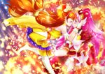  2girls akagi_towa amanogawa_kirara arm_strap ballpoint_pen_(medium) blush boots brown_hair closed_eyes commentary_request cure_scarlet cure_twinkle detached_sleeves dress from_side gloves go!_princess_precure hair_ornament hair_scrunchie hair_tubes highres imminent_kiss long_hair long_sleeves looking_at_another miniskirt multiple_girls pink_hair precure red_eyes red_sleeves scrunchie shiny shiny_hair skirt star_(symbol) thigh_boots thighhighs traditional_media very_long_hair white_footwear white_gloves white_skirt yellow_dress yellow_scrunchie yu-sha-mashi-alo-fa yuri 