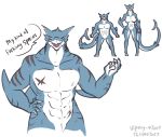  2017 animal_genitalia anthro anthrofied blue_body breasts claws dialogue dialogue_box egan fan_character fangs female fish genital_slit genitals lamniform male marine megalodon multicolored_body muscular muscular_anthro muscular_female muscular_male non-mammal_breasts open_mouth open_smile scar shark simple_background slit smile solo two_tone_body vipery-07 white_background white_body 