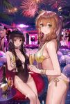  5girls ak-12_(girls_frontline) alternate_costume alternate_hairstyle artist_request balloon breasts champagne_bottle cleavage cup dj drinking_glass dsr-50_(girls_frontline) fireworks girls_frontline highres hk416_(girls_frontline) large_breasts looking_at_viewer m1903_springfield_(girls_frontline) multiple_girls night night_sky one-piece_swimsuit panties party ponytail pool sky string_bikini striped striped_panties swimsuit underwear wa2000_(girls_frontline) wine_glass 