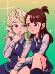  2girls absurdres blonde_hair blue_eyes blush brown_hair collared_shirt couple diana_cavendish embarrassed eye_contact hand_on_another&#039;s_arm hand_on_another&#039;s_hip highres hug kagari_atsuko little_witch_academia long_hair looking_at_another luna_nova_school_uniform multicolored_hair multiple_girls open_mouth red_eyes school_uniform shirt skirt surprised tsunemoku two-tone_hair uniform yuri 
