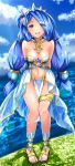  1girl :d absurdres alternate_costume arms_behind_back asymmetrical_gloves blue_hair blue_sky blue_sleeves breasts cleavage cloud collarbone dana_(ys) day detached_sleeves diadem eyebrows_visible_through_hair eyes_visible_through_hair full_body gloves hair_over_one_eye highres leaning_forward long_hair looking_at_viewer medium_breasts midriff mussyu_danachan navel ocean open_mouth outdoors shiny shiny_hair single_glove sky smile solo standing stomach strapless thighlet very_long_hair ys ys_viii_lacrimosa_of_dana 