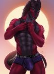  2020 anthro banni_art bulge clothing dragon ghormac_whitefang hair hi_res horn looking_at_viewer male muscular red_body shirt smile solo standing tank_top topwear underwear undressing 