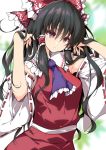  ascot bangs bare_shoulders black_hair blue_neckwear bow brown_eyes collared_shirt detached_sleeves eyebrows_visible_through_hair frilled_bow frilled_shirt_collar frills hair_bow hair_over_shoulder hair_tubes hakurei_reimu hands_in_hair looking_to_the_side medium_hair nontraditional_miko phantasmagoria_of_flower_view raised_eyebrows red_bow red_shirt red_skirt ribbon-trimmed_sleeves ribbon_trim sakurame shirt sidelocks skirt skirt_set sleeveless sleeveless_shirt touhou upper_body 