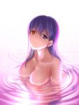  1girl bangs breasts cleavage collarbone eyebrows_visible_through_hair fate/stay_night fate_(series) hair_between_eyes heterochromia highres long_hair looking_at_viewer matou_sakura medium_breasts no_pupils orange_eyes parted_lips partially_submerged purple_eyes purple_hair rna_(angel-smelter) simple_background solo straight_hair twitter_username upper_body very_long_hair wet wet_hair white_background 