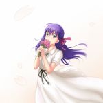  1girl bangs black_ribbon bouquet collared_dress dress eyebrows_visible_through_hair fate/stay_night fate_(series) floating_hair flower hair_between_eyes hair_ribbon holding holding_bouquet long_hair matou_sakura no_pupils pink_flower pink_ribbon purple_eyes purple_hair ribbon rna_(angel-smelter) short_sleeves simple_background solo standing sundress very_long_hair white_background white_dress wing_collar 