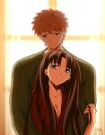  1boy 1girl backlighting bangs blue_eyes blurry blurry_background breasts brown_eyes brown_hair cleavage closed_mouth collarbone collared_shirt couple curtains dress_shirt emiya_shirou eyebrows_visible_through_hair fate/stay_night fate_(series) green_kimono hair_between_eyes hair_intakes highres hug hug_from_behind indoors japanese_clothes kimono long_hair looking_at_viewer medium_breasts open_clothes open_shirt parted_lips partially_unbuttoned red_shirt rna_(angel-smelter) shirt smile spiked_hair tohsaka_rin upper_body very_long_hair wing_collar 