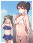  2girls bikini blue_bikini blush border breast_envy breasts brown_eyes brown_hair cleavage closed_mouth cloud day eyebrows_visible_through_hair flat_chest floral_print frilled_bikini frills green_eyes green_hair kaga_(kantai_collection) kantai_collection kasumi_(skchkko) large_breasts long_hair multiple_girls outdoors ponytail side_ponytail sky swimsuit twintails white_bikini white_border zuikaku_(kantai_collection) 