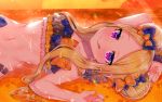  1girl abigail_williams_(fate/grand_order) akirannu bangs bare_shoulders beach bikini black_bikini black_bow blonde_hair blush bow breasts closed_mouth double_bun emerald_float fate/grand_order fate_(series) forehead frilled_bikini frills licking_lips long_hair looking_at_viewer lying multiple_bows navel ocean on_back orange_bow orange_sky parted_bangs purple_eyes sidelocks sky small_breasts smile sparkle swimsuit tongue tongue_out twilight wet 