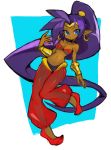  1girl blue_eyes breasts cleavage commentary dakusuta dark_skin earrings floating_hair genie harem_pants highres jewelry long_pointy_ears long_ponytail medium_breasts pants pointy_ears ponytail purple_hair shantae_(character) shantae_(series) solo tied_hair 