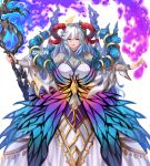  1girl artist_name blue_flower blue_hair breasts cleavage conope dress fire_emblem fire_emblem_heroes flower freyja_(fire_emblem) gradient_hair holding holding_staff horns large_breasts long_hair multicolored_hair red_eyes silver_hair solo staff 