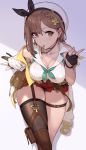  1girl atelier_(series) atelier_ryza bare_shoulders black_gloves black_legwear blush braid breasts brown_eyes brown_hair cleavage collared_shirt earrings eyebrows_visible_through_hair from_above gloves green_neckwear hair_ornament hair_ribbon haoni highres in_mouth jacket jewelry key_necklace large_breasts leather_belt necklace off_shoulder open_clothes open_jacket partly_fingerless_gloves pouch red_shorts reisalin_stout ribbon shirt shorts side_braid single_sidelock single_thighhigh sitting sleeveless sleeveless_shirt solo thigh_pouch thigh_strap thighhighs thighs white_headwear white_shirt yellow_jacket 
