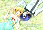  1boy 1girl 2016 athrun_zala blonde_hair blue_dress blue_hair bracelet brown_eyes cagalli_yula_athha collarbone couple dress eye_contact flower from_above green_eyes gundam gundam_seed hair_flower hair_ornament jacket jewelry long_sleeves looking_at_another lying off_shoulder on_back parubinko red_flower ring shiny shiny_hair short_hair sleeveless sleeveless_dress wedding_ring white_jacket 