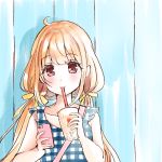  1girl :3 ahoge arms_up bangs blue_dress blush bubble_tea closed_mouth collarbone cup dress eye_color_request futaba_anzu highres holding holding_cup holding_phone idolmaster idolmaster_cinderella_girls idolmaster_cinderella_girls_starlight_stage long_hair looking_at_viewer phone pink_strap plaid plaid_dress purse_strap ribbon rino_cnc sleeveless sleeveless_dress smile solo strap translation_request twintails upper_body very_long_hair yellow_ribbon 