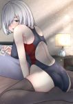  1girl alarm_clock ass bed black_legwear black_swimsuit blue_eyes clock commentary_request competition_swimsuit condom_wrapper from_behind hair_ornament hair_over_one_eye hairclip hamakaze_(kantai_collection) kantai_collection lamp looking_at_viewer one-piece_swimsuit pillow shohei_(piranha5hk) short_hair silver_hair sitting solo swimsuit thighhighs wariza 