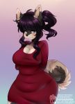  2019 anthro big_breasts black_nose blue_eyes blush bodily_fluids breasts brown_body brown_fur canid canine canis clothing curled_tail domestic_cat domestic_dog dress emanata felid feline felis female fluffy fluffy_tail form_fitting fur gradient_background grey_body grey_fur hair half-closed_eyes hands_behind_back hybrid long_hair looking_at_viewer mammal marta_dogcat moucchiato multicolored_body multicolored_fur narrowed_eyes ponytail purple_hair red_clothing red_dress side_ponytail simple_background solo sweat sweatdrop tan_body tan_fur text thick_thighs thigh_up url watermark 