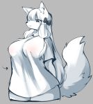  accessory anthro big_breasts breasts canid canine clothing female fox fur hair_accessory hair_bow hair_ribbon hi_res kemono kitsuneten mammal ribbons shirt solo t-shirt topwear white_body white_fur 