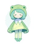  1girl :3 =_= animal_costume ankle_boots ayu_(mog) blush boots closed_eyes closed_mouth frog_costume green_footwear green_hair green_legwear hood hood_up long_sleeves original raincoat sleeves_past_fingers sleeves_past_wrists smile solo standing thighhighs 