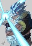  1boy blue_eyes blue_hair dragon_ball dragon_ball_super dragon_ball_z fingernails gogeta grey_background highres kamehameha makitoshi0316 male_focus muscle open_mouth signature simple_background solo super_saiyan super_saiyan_blue teeth 