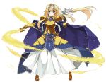  1girl alice_schuberg armor armored_boots bangs blonde_hair blue_dress blue_eyes boots braid breastplate commentary_request cross dress eyebrows_visible_through_hair floating_hair frown full_body gauntlets gold_armor hair_intakes hair_ribbon hairband highres holding holding_sword holding_weapon long_hair looking_at_viewer low-tied_long_hair ribbon shikei shoulder_armor shoulder_plates simple_background solo sword sword_art_online very_long_hair weapon white_background white_hairband 