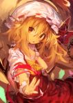  1girl absurdres ascot bangs blonde_hair crystal flandre_scarlet hair_between_eyes hat hat_ribbon highres kaamin_(mariarose753) mob_cap open_mouth ponytail red_eyes red_ribbon red_skirt ribbon short_sleeves side_ponytail skirt skirt_set solo touhou white_headwear wings wrist_cuffs yellow_neckwear 