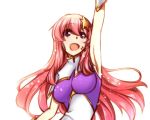  1girl :d arm_up armpits bangs breasts breasts_apart eyebrows_visible_through_hair floating_hair gundam gundam_seed gundam_seed_destiny hair_between_eyes hair_ornament long_hair medium_breasts meer_campbell microphone morihaw open_mouth pink_hair shiny shiny_hair simple_background smile solo standing star_(symbol) star_hair_ornament upper_body very_long_hair white_background 