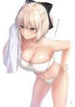  1girl bandages bangs bare_shoulders black_bow blonde_hair blush bow breasts check_translation cleavage closed_mouth collarbone cowboy_shot eyebrows_visible_through_hair fate/grand_order fate_(series) fundoshi grey_eyes hair_bow half_updo highres japanese_clothes koha-ace large_breasts navel okita_souji_(fate) okita_souji_(fate)_(all) sarashi short_hair signature simple_background smile solo suzuki_nene sweat towel translation_request white_background 