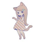  1girl animal_ears ayu_(mog) barefoot blush brown_hair cat_ears cat_tail closed_mouth dark_skin diagonal_stripes dress fish_hair_ornament full_body hair_ornament long_hair looking_at_viewer no_nose original paw_pose signature simple_background solo striped tail yellow_background 