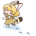  1girl animal_ear_fluff animal_ears animal_print bow bowtie chibi elbow_gloves expressionless extra_ears footprints from_behind full_body gloves inukoro_(spa) kemono_friends leg_lift looking_at_viewer looking_back lowres no_nose outdoors outstretched_arms print_bow print_gloves print_legwear print_neckwear print_ribbon print_skirt ribbon serval_(kemono_friends) serval_ears serval_print serval_tail short_hair skirt snow solo striped_tail tail walking white_background |_| 